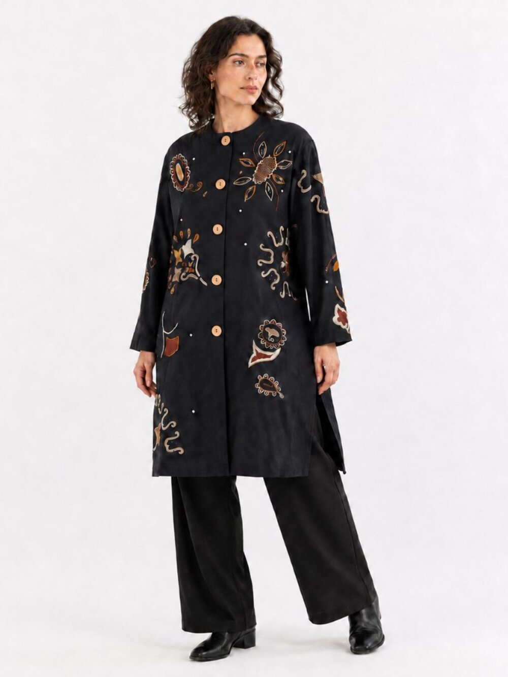 Vintage Indigo Moon Embroidered Beaded Jacket Duster 1X Black Wearable Art Boho